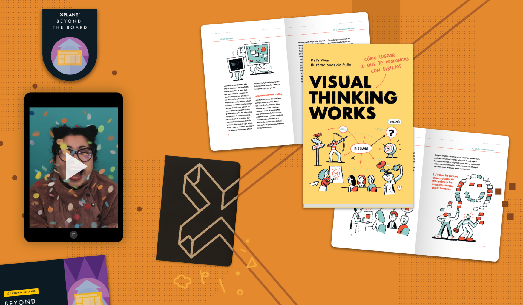 Array of Visual Thinking Works book, pocket notebook, and Beyond the Board course content against an orange background.