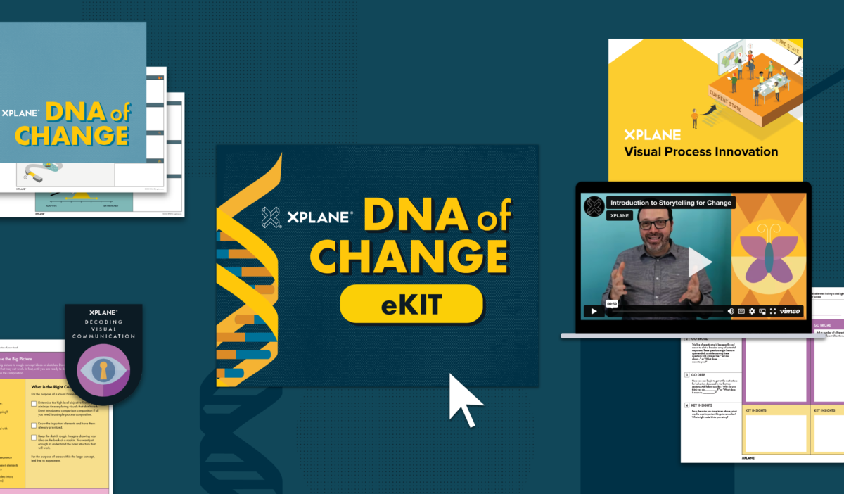 Array of DNA of Change eKit, DNA of Change eBook, Decoding Visual Communication course badge, laptop showing Storytelling for Change course intro video, and Visual Process Innovation eBook against a dark blue background.
