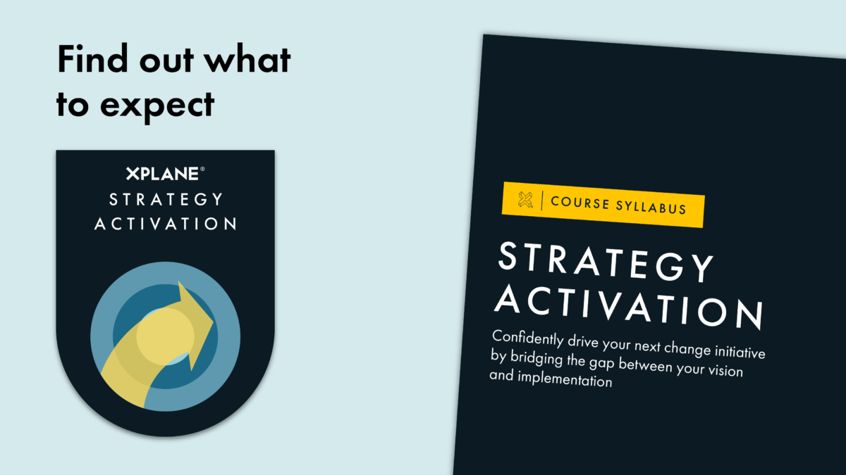 Image of the Strategy Activation course syllabus peeks from the right next to text reading "Find out what to expect" above an image of the Strategy Activation course badge. Against a light blue background.