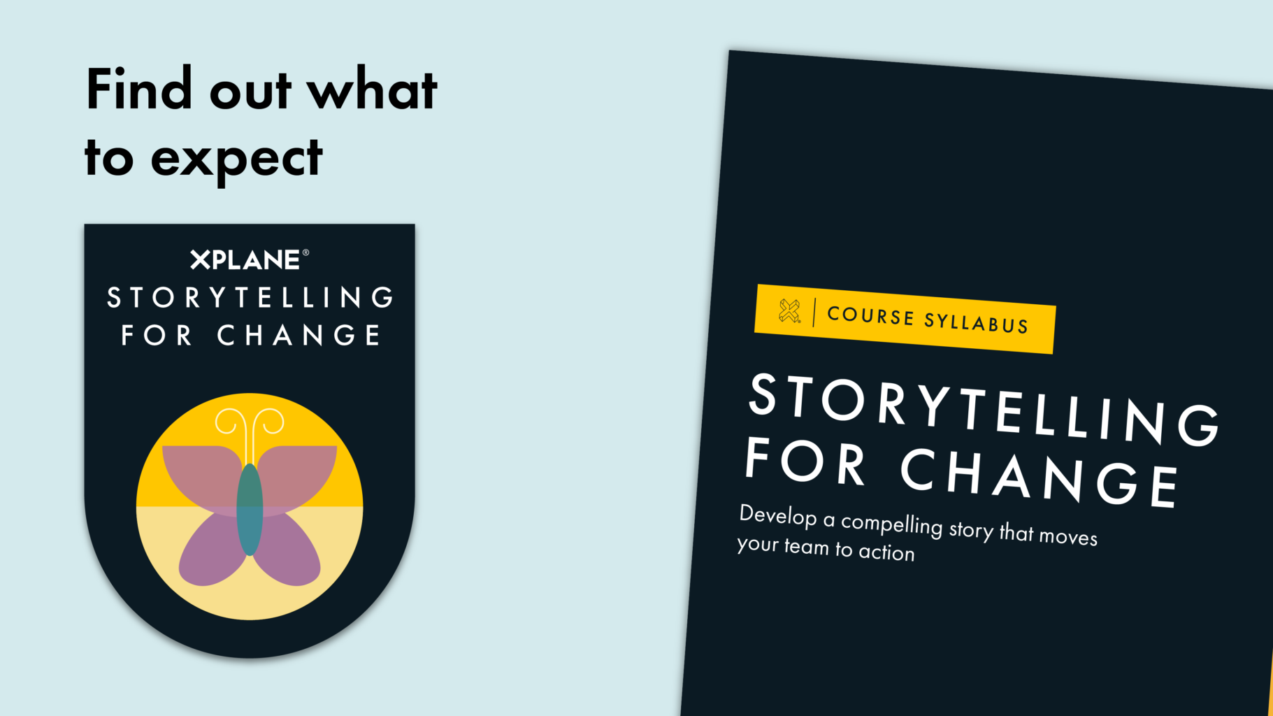Image of the Storytelling for Change course syllabus peeks from the right next to text reading "Find out what to expect" above an image of the Storytelling for Change course badge. Against a light blue background.