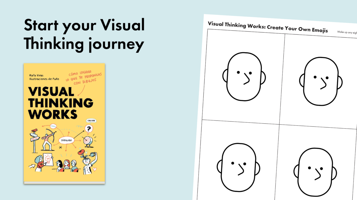 Image of the Visual Thinking Works free sampler peeks from the right next to text reading "Start your Visual Thinking journey" above an image of the Visual Thinking Works book. Against a light blue background.