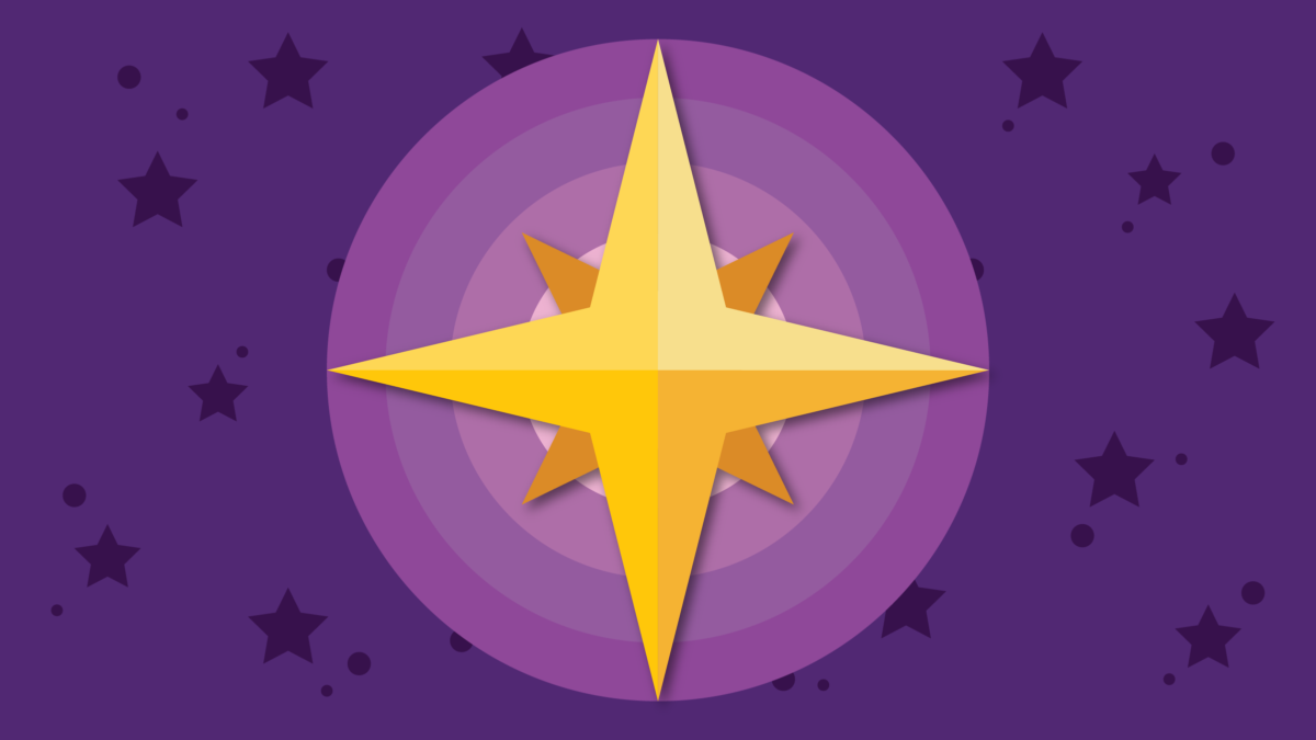 A yellow compass sits at the center of purple concentric circles. Dark purple stars are sprinkled behind the compass and concentric circles. Against a purple background.