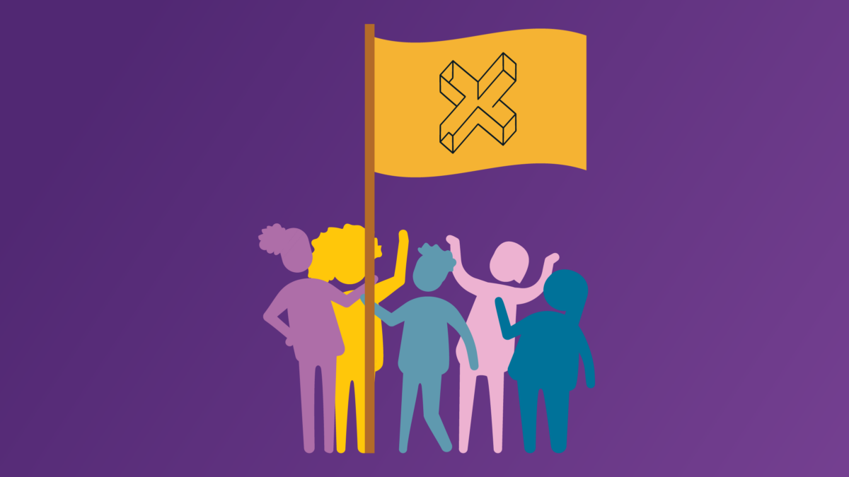 Five figure stand beneath an orange flag with the XPLANE "X" logo on it. Against a dark purple background.