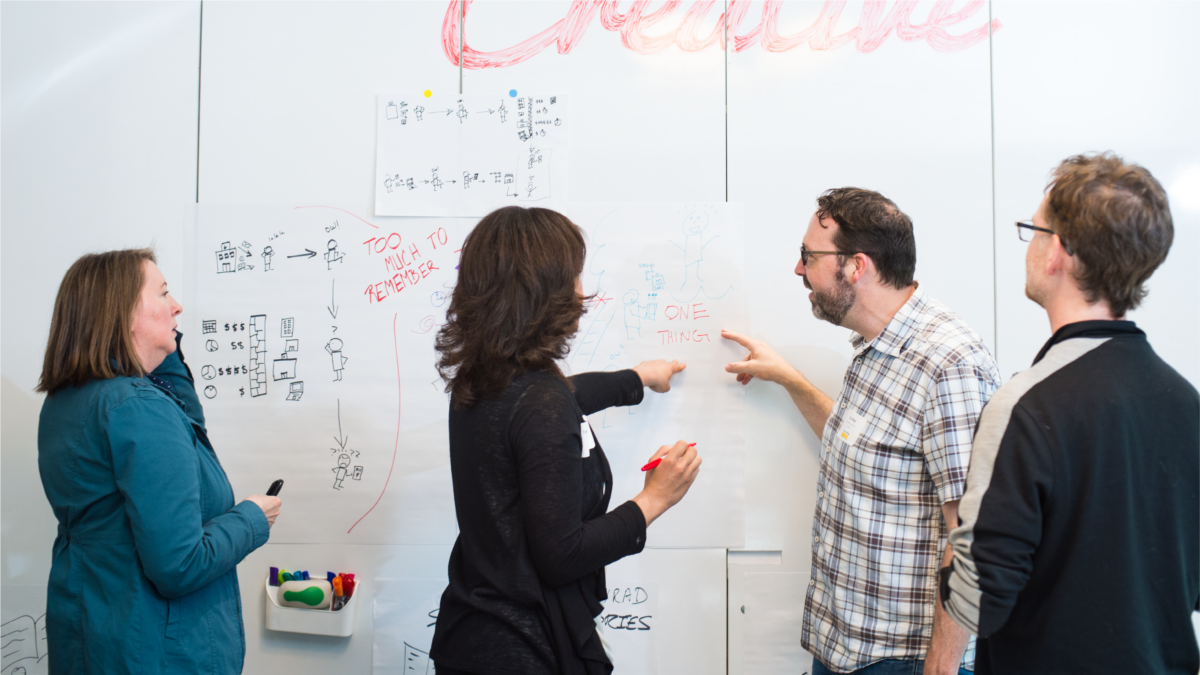 Four individuals stand in front of a whiteboard.