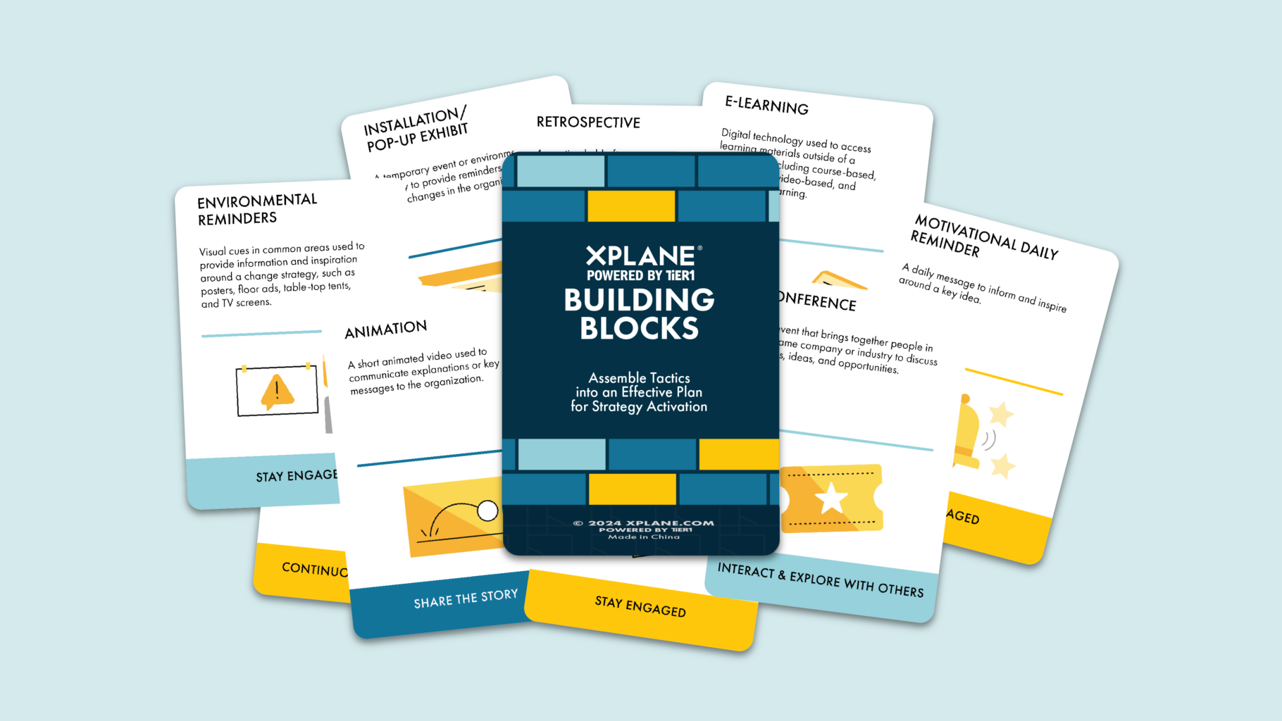 Building Blocks card deck sits on top of a spread of Building Blocks cards. Against a light blue background.