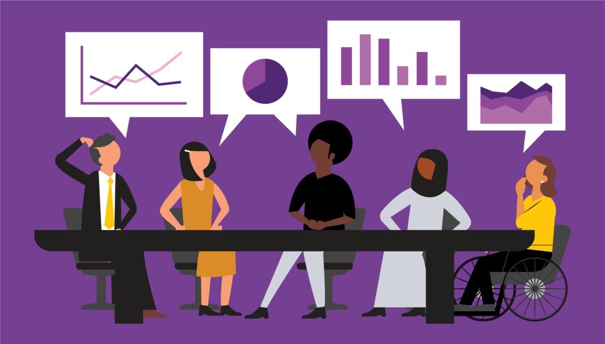 Five people sit at a conference table with speech bubbles containing a variety of graphs coming from their mouths. Against a purple background.