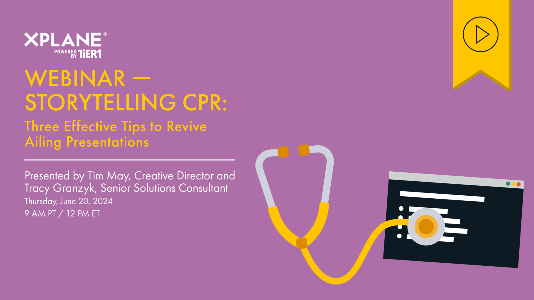 Storytelling CPR: Three Effective Tips to Revive Ailing Presentations. A stethoscope examining a basic text presentation deck