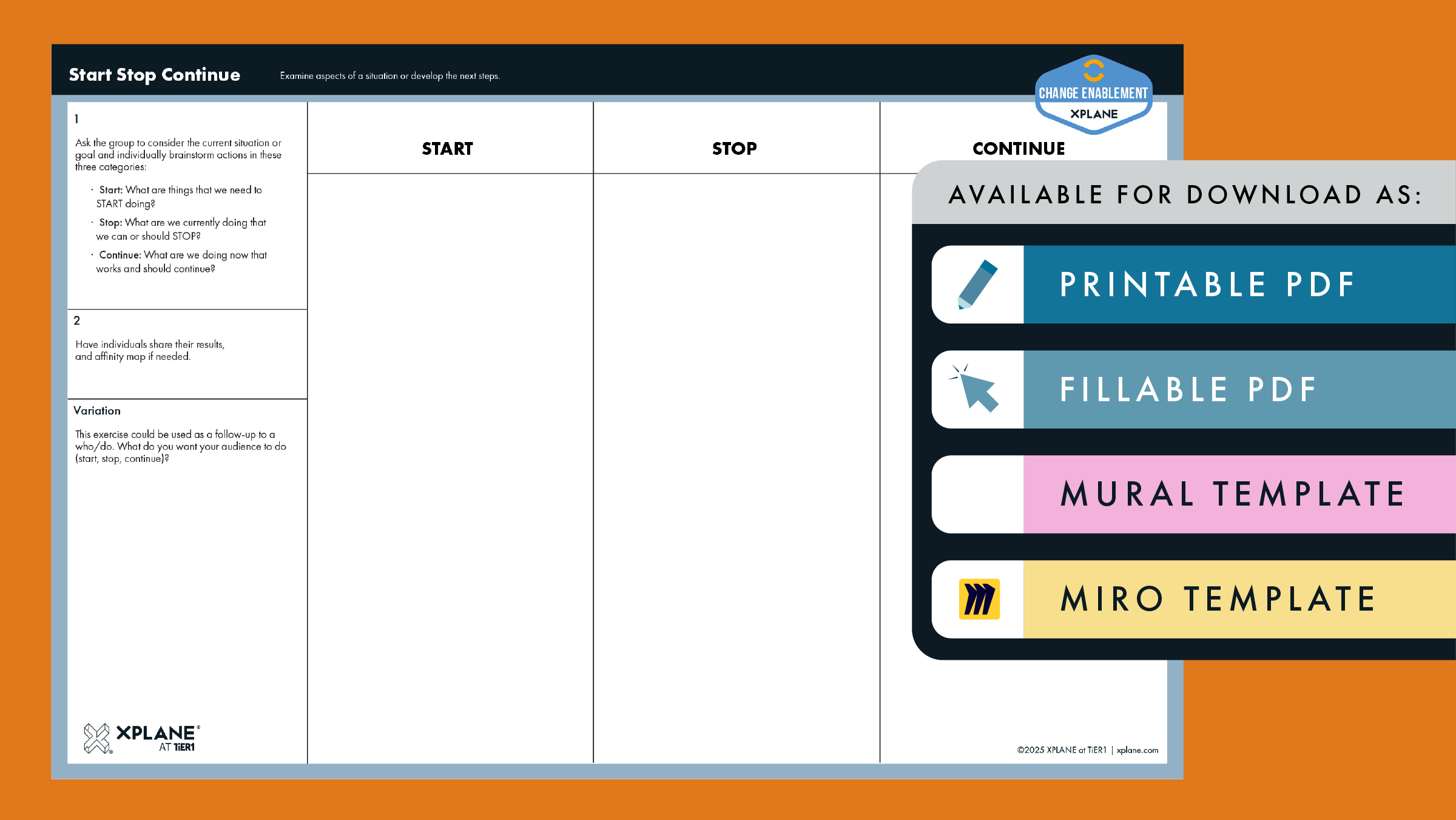 Start Stop Continue worksheet against a yellow background. Four tabs under the header "AVAILABLE FOR DOWNLOAD AS" indicate available file types available.