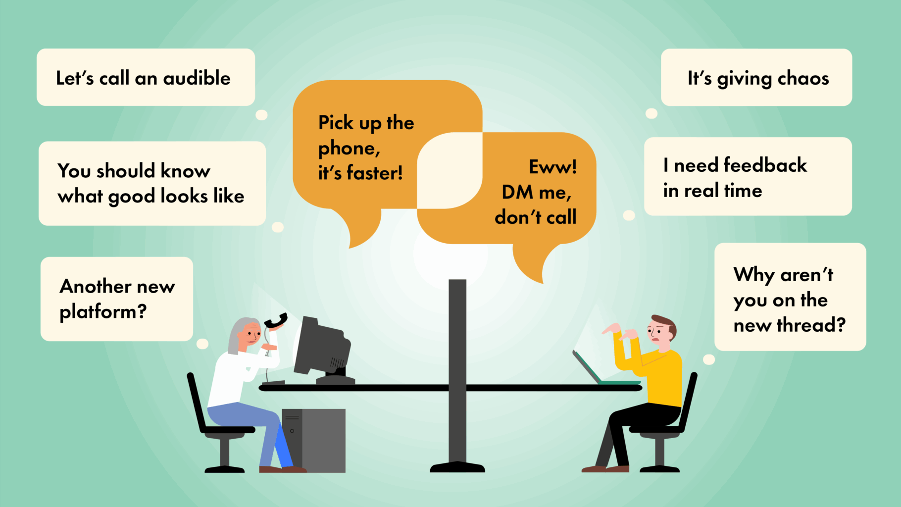 Two people one older generation and one younger generation depicted having differences of opinion in the workplace