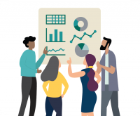 White icon containing four people looking at a tan board showing six data visualizations. There's a green border reading "5. Embed"