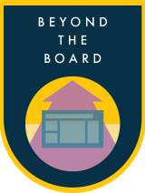 A dome shape with “Beyond the Board” in white text against deep blue background. An icon of an upward facing purple arrow with a blue digital whiteboard sits on top of a half dark yellow and half light yellow icon beneath the text.