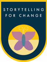 A dome shape with “Storytelling for Change” in white against a deep blue background. An icon of a purple and blue butterfly sits on top of a half dark yellow and half light yellow icon below the text.