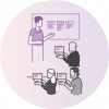 Light purple icon shows a figure at a whiteboard presenting to three individuals taking notes on laptops