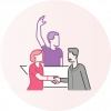 Light pink icon shows three figures at a table, one with their hand raised, and two shaking hands