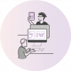 Light purple icon shows two figures at a shared desk, one showing the other a document while the other takes notes on a desktop computer