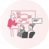 Light pink icon shows three figures, one at a podium presenting to the other two; one figure makes a comment about the presentation